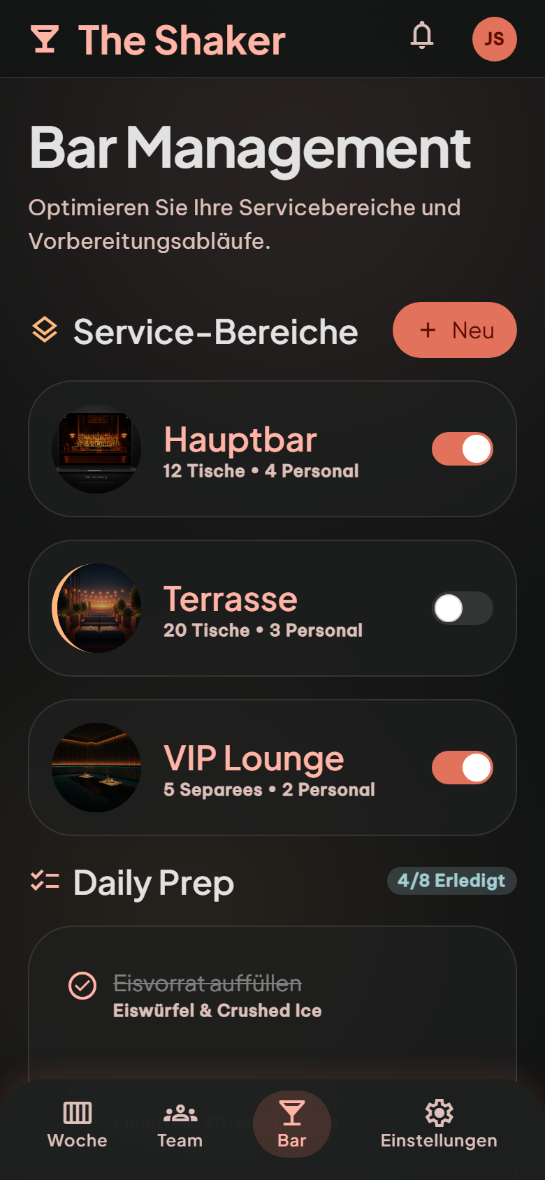 The Shaker Bar-Verwaltung